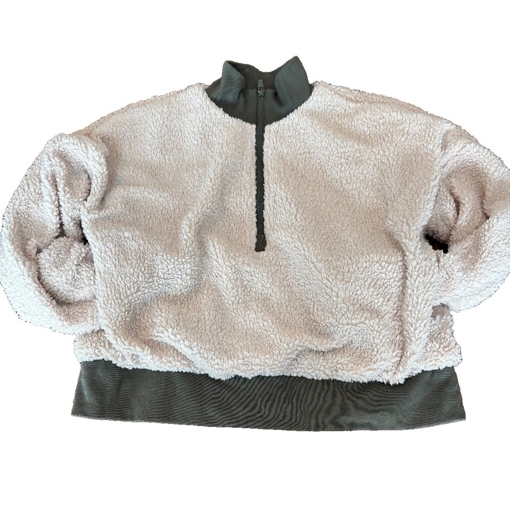 Fabletics fleece jacket green trim 1/2 zip cropped coat lined womens' sz medium